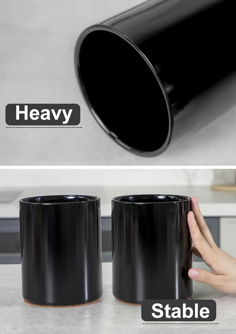 Nucookery Utensil Holder, 6.4" Ceramic Kitchen Utensil Holder with Countertop-Protection Cork Bottom, Farmhouse Kitchen Decor for Counter (Black) - Image 4